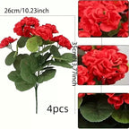 Artificial 5-Bud Red Geranium Flowers, Faux Flowers for Patio or Balcony, UV Resistant Artificial Flowers for Outdoors, Wedding Decor, Fake Plants for Garden or Home Decoration