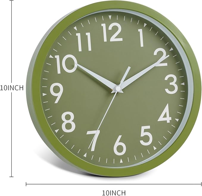 Wall Clock Analog 10 Inch Simple Silent Non Ticking Battery Operated Modern Decorative for Kitchen Office Bedroom Bathroom Living Room(Olive Green)