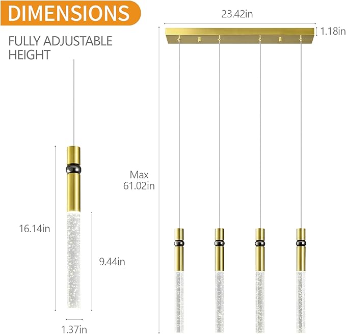 4 Light Pendant Lighting Dining Room Light Fixture Dimmable LED Modern Gold Pendant Light with Bubble Crystal Pendant Lights Kitchen Island