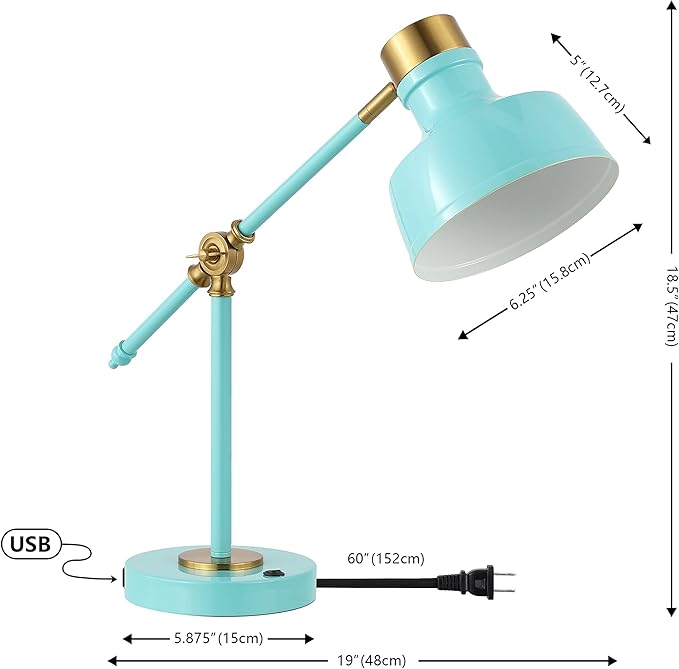 JONATHAN Y JYL7124C Allegra 18.5" Adjustable Cantilever LED Task Lamp, USB Charging Port, Classic, Coastal, Industrial, Farmhouse, Traditional for Bedroom, Living Room, Office, Cyan/Brass Gold