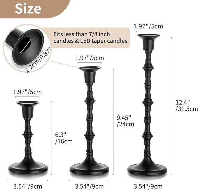 NUPTIO Candle Stick Holders for Halloween: Set of 6 Matte Black Taper Candlestick Holders - Bulk Antique Tall Candleholder for Fall Thanksgiving Christmas Kwanzaa Shabbat Table Fireplace Decor