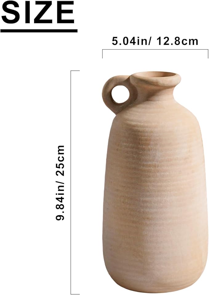 Sunddo Terracotta Rustic Vase with Handle, 10 inch Ceramic Vase, Farmhouse Pottery, Vintage Vases, Centerpiece Table Decorations for Living Room,Shelf Home Decor