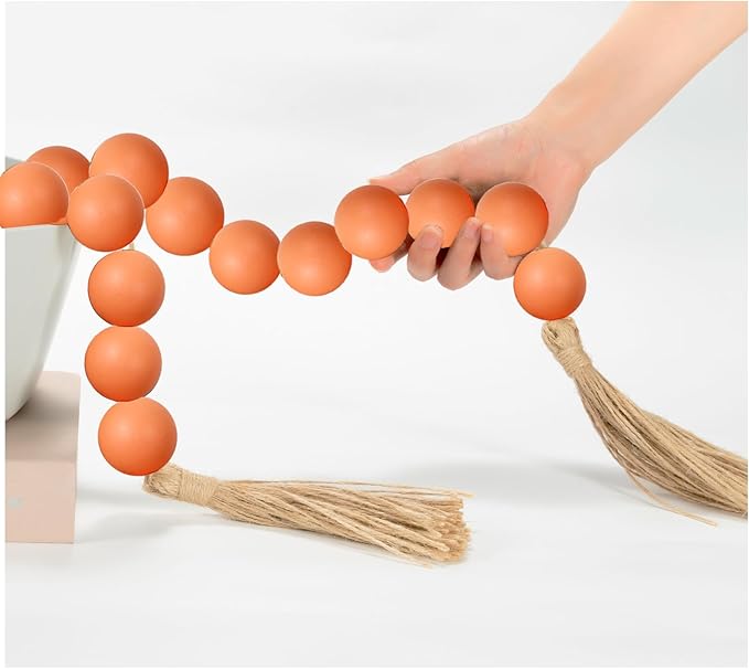 OMISHE 76" Long Large Wood Bead Garland with 1.6" Diameter Wooden Beads and Tassels, Rustic Farmhouse Country Wood Beads Garland for Home Tiered Tray Decor, Decorative Beads with Tassels Orange