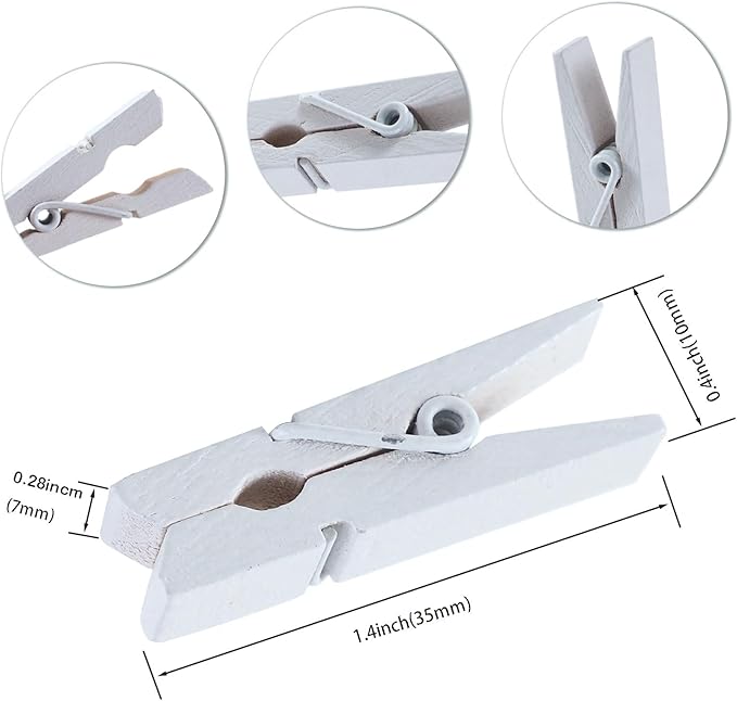 100Pcs White Mini Wooden Clothespins with 328ft Jute Twine - Photo Display Clips for Hanging Pictures, Crafts, Wall Art, Baby Showers (1.4 Inch, White)