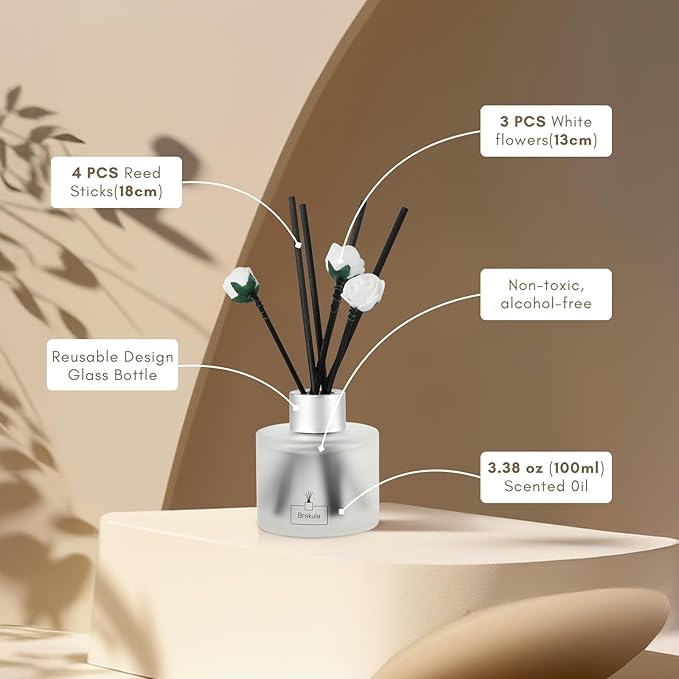 Brakula Reed Diffuser Set,White Jasmine Scented， Reed diffusers for Home， Home Fragrance Diffuser with 7 Reed Sticks for Room/Bathroom Decor 3.38 fl oz (100 ml) (White Jasmine)