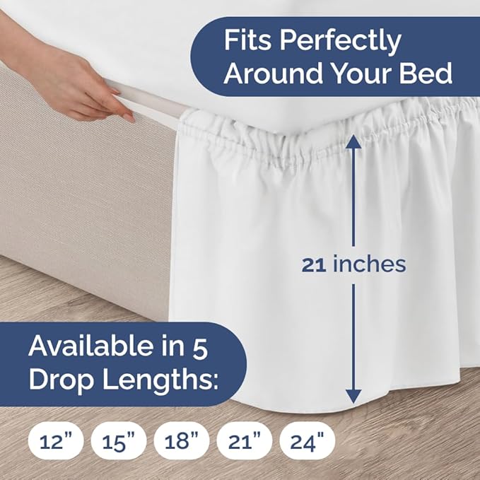 Wrap Around Dust Ruffle Bed Skirt - White - for King Size Beds with 21 Inch Drop - Easy Fit Elastic Strap - Adjustable Pleated Bedskirt w/Brushed Fabric - Wrinkle Free - for Women, Men, Kids & Teens