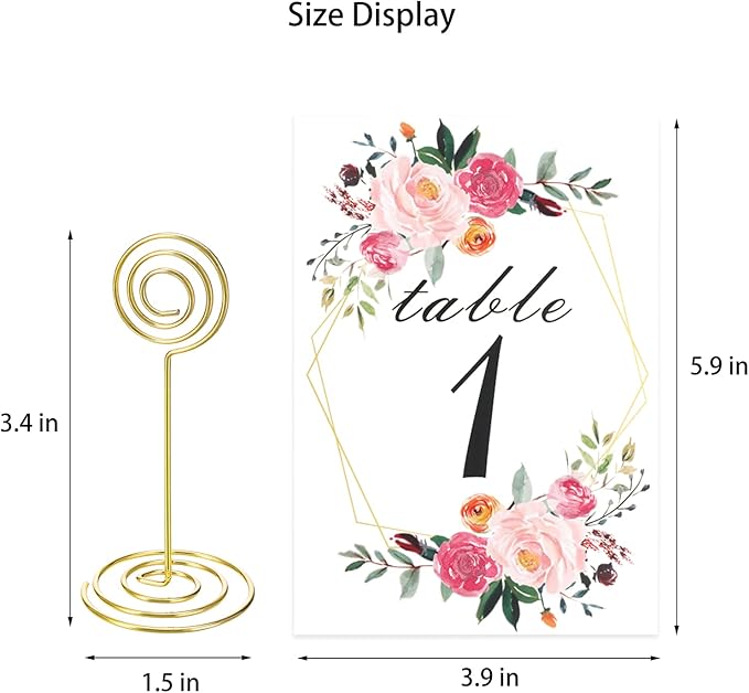 26 PCS Table Number Holder - Card Stand Wire Photo with Floral Cards, Place for Weddings Party Office Paper Memo Menu Note Clips, Gold