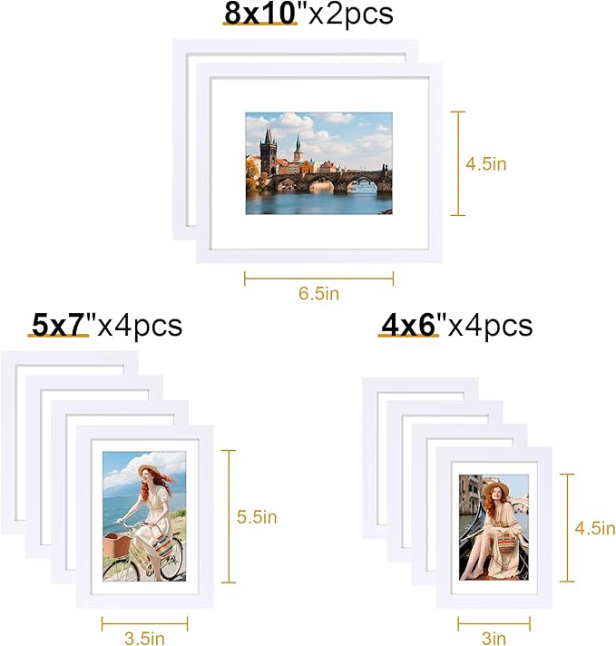 decorUhome Picture Frames Collage Wall Decor for Photo Gallery Display, Assorted Picture Frames set of 10 Including Two 8x10 / Four 5x7 / Four 4x6 for Family Wall Decor, White, 10 Pack