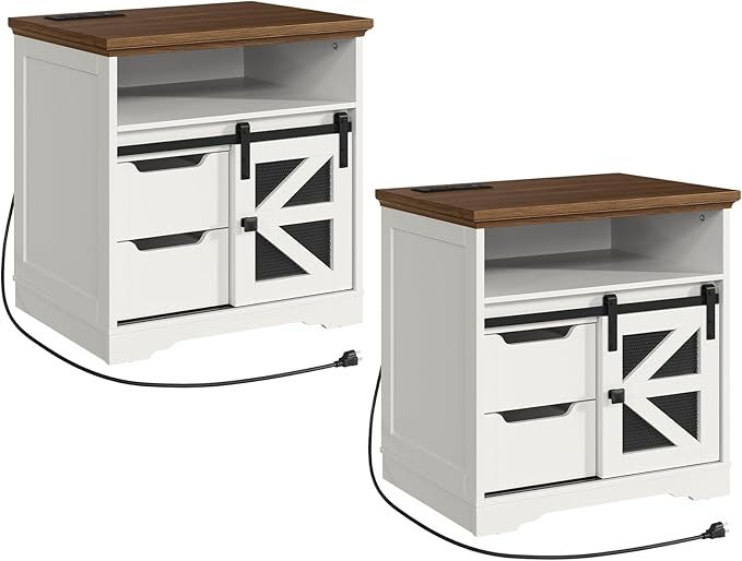 Farmhouse End Table Set of 2, Sofa Side Table with Charging Station, Bedside Table with 2 Drawers and Barn Door, Rustic Wooden Nightstand for Bedroom, Living Room, White and Walnut