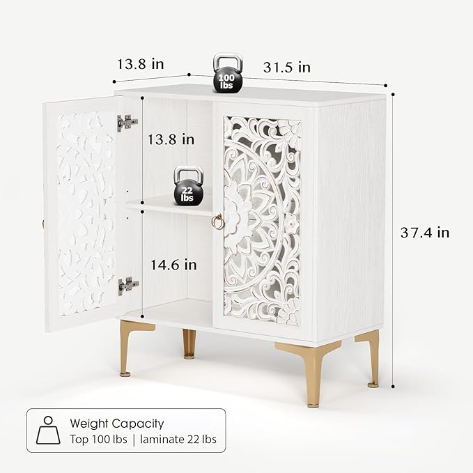 Accent Cabinet with Doors,Storage Cabinet with Gold Legs and Adjustable Shelf, Sideboard Buffet for Living Room,Entryway,Dining Room,Bedroom,White