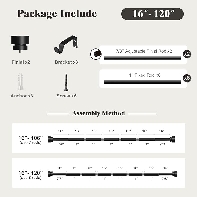 Oneach Black Curtain Rods for Windows 66 to 120 Inch, 1 Inch Pole Adjustable Length Heavy Duty Metal Curtain Rod Set, for Outdoor Bedroom Kitchen Living Room (16 to 120 Inch)