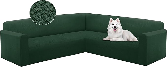 HDCAXKJ Sectional Couch Cover L Shape Stretch Sofa Covers Washable Jacquard Corner Couch Slipcover Non Slip Sectional Slip Cover U Shaped Furniture Protector for Pets Dogs (Blackish Green, Small)