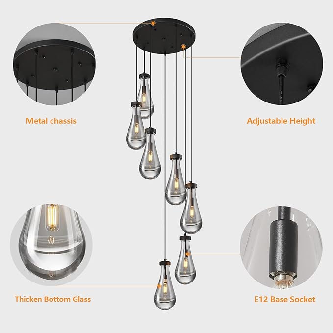 Raindrop Pendant Lights Kitchen Island Teardrop Black Hanging Light Fixtures Clear Solid Glass Pendant Light Modern Chandeliers for Dining Room Porch Corridor Living Room(7-Light)