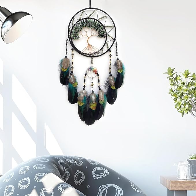 7 Chakras Dream Catchers Tree of Life Dream Catcher Green Feather Dreamcatcher Wall Decor with Rainbow Healing Crystal Stone Wall Art Hanging for Bedroom Home Decor Bless Gift Wedding Party