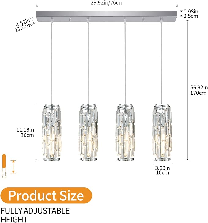 LMQNINE 4 Light Chrome Pendant Lighting Modern Pendant Light, Mini Crystal Chandeliers,Adjustable Pendant Light Fixture for Kitchen Island Dinning Room Bedroom(Chrome 4-Light)