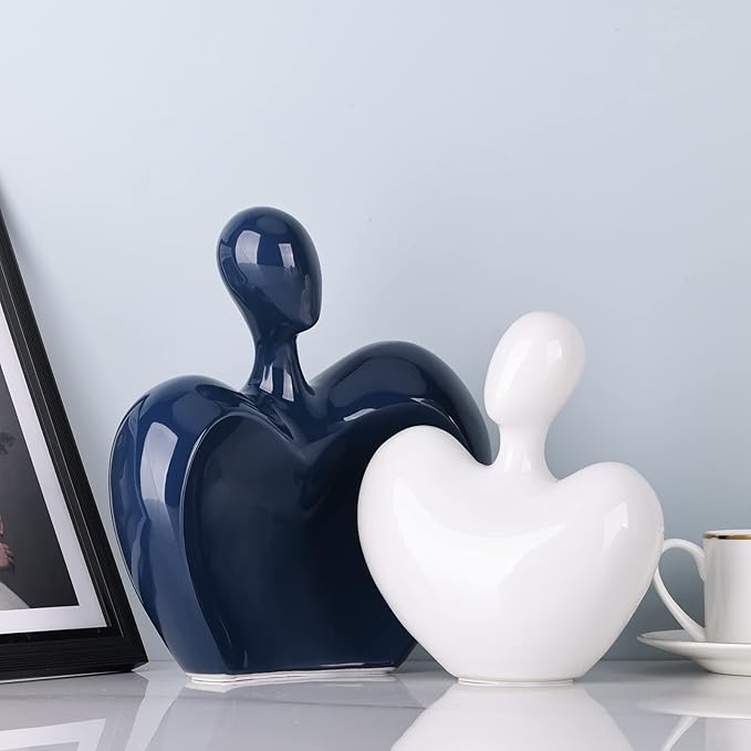 XMGZQ Blue and White Ceramic Couple Figurines Home Decor Accent,Wedding Engagement Romantic Gift for Husband Wife,Large Male and Female Love Statue Valentine's Day Birthday,Abstract Hugging Couple