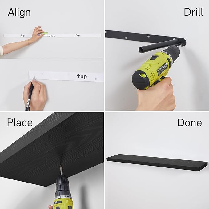 BAYKA Floating Shelves, 48 inches Long Heavy Duty Wall Mounted Rustic Wood Shelves for Bathroom, Bedroom, Living Room, Kitchen, Office, Hanging Shelf for Books/Storage/Decor(Black,Set of 2)