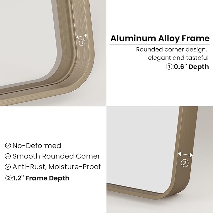 Bronze Bathroom Mirror 30x36 Inch, Brushed Bronze Metal Frame Mirror for Wall, Rounded Rectangle Bathroom Vanity Mirror with Tempered Glass, Anti-Rust, Horizontal/Vertical