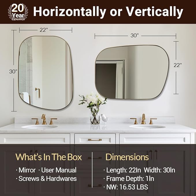 ANDY STAR Gold Bathroom Mirror, 22"x30" Brushed Brass Asymmetrical Wall Mirror in Stainless Steel Metal Frame, Unique Vanity Mirror with Modern Curved Design, Ideal for Bathroom, Bedroom, Entryway