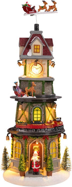 Christmas Collectible Buildings - LED Lit Bell Tower, Musical Village Houses with USB Indoor Display Figurines