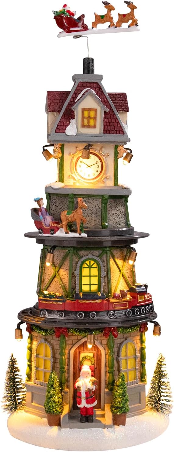 Christmas Collectible Buildings - LED Lit Bell Tower, Musical Village Houses with USB Indoor Display Figurines
