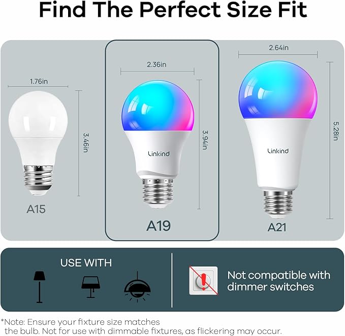 Linkind WiFi Smart Light Bulbs, Alexa Light Bulb Work with Alexa, Google Home, RGBTW 16 Million Color Changing Light Bulbs Dimmable, Mood Lighting, 2.4GHz Only, A19 E26 WiFi Bulb 60W 800LM 1 Pack