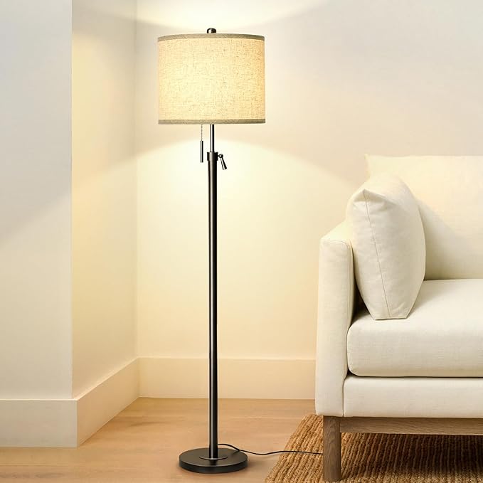 Adjustable Height Floor Lamp for Living Room, Black Standing Lamp for Bedroom Office, Modern Tall Lamp with Linen Shade, 3-Way Dimmable 8W 3000K LED Blub Included (Black)