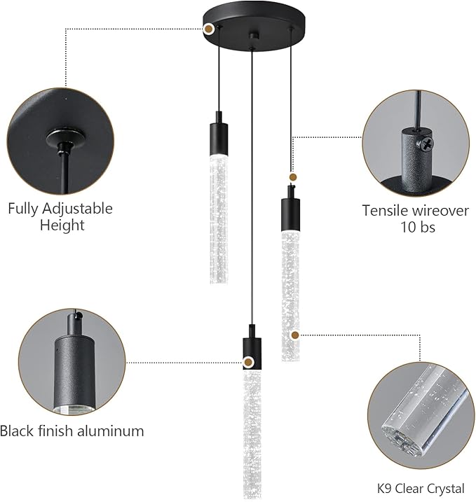Modern Light Fixture Kitchen Island Pendant Light Dimmable LED Black Pendant Lights Mini Crystal Pendant Lighting for Bedroom Dining Room Living Room（3-Light ）