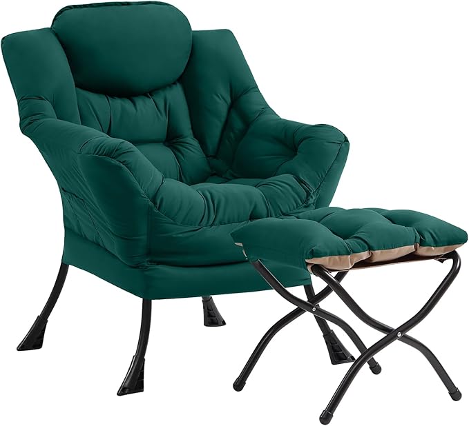 Cozy Lazy Chair and Ottoman, Large Contemporary Accent Lounge Chair Set, Leisure Upholstered Reading Armchair for Bedroom, Living Room, Dorm Rooms, Office