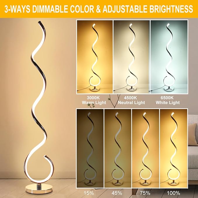 Modern Floor Lamps for Living Room, 40W Dimmable LED Spiral Floor Lamp with Remote, Adjustable Colors & Brightness Standing Lamp Reading Lamp Corner Floor Lamp for Bedroom, Office - Silver