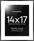 Homeforia 14x17 Picture Frame Black, High End Metal 14 x 17 Poster Frames with Mat 11 x 14 for Photo, 14x17 Black Frame Matted to 11x14 inch Print, 17x14 Thin Frame, Tempered Glass, Wall Kit, Set of 1