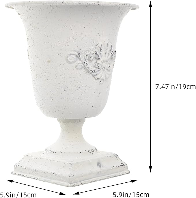 POPETPOP Tall Urn Vase Retro White Metal Urn Planter Pedestal Flower Pot Rustic Farmhouse Flower Holder for French Country Style Home Table Centerpiece Decor，5.9x5.9x7.47 inches