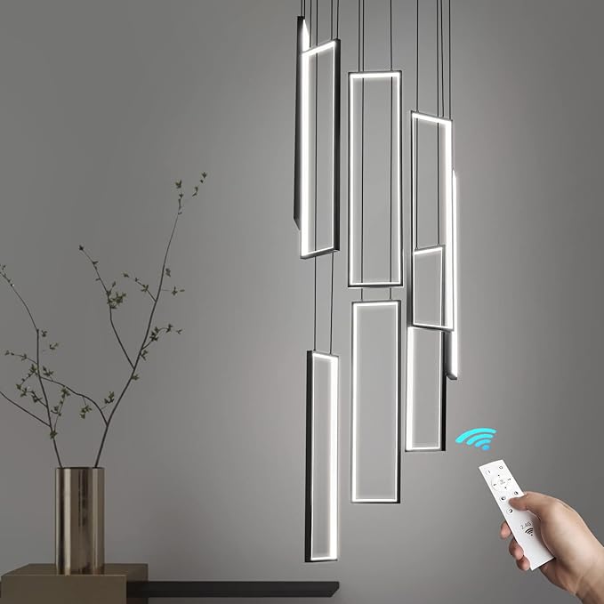 Modern Kitchen Island Dimmable Pendant Light Fixture Black 144W LED Pendant Lights 8 Rings Rectangular Chandelier Staircase Large Chandelier Lobby Living Room Foyer High Ceiling Chandeliers