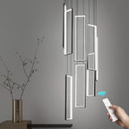 Modern Kitchen Island Dimmable Pendant Light Fixture Black 144W LED Pendant Lights 8 Rings Rectangular Chandelier Staircase Large Chandelier Lobby Living Room Foyer High Ceiling Chandeliers