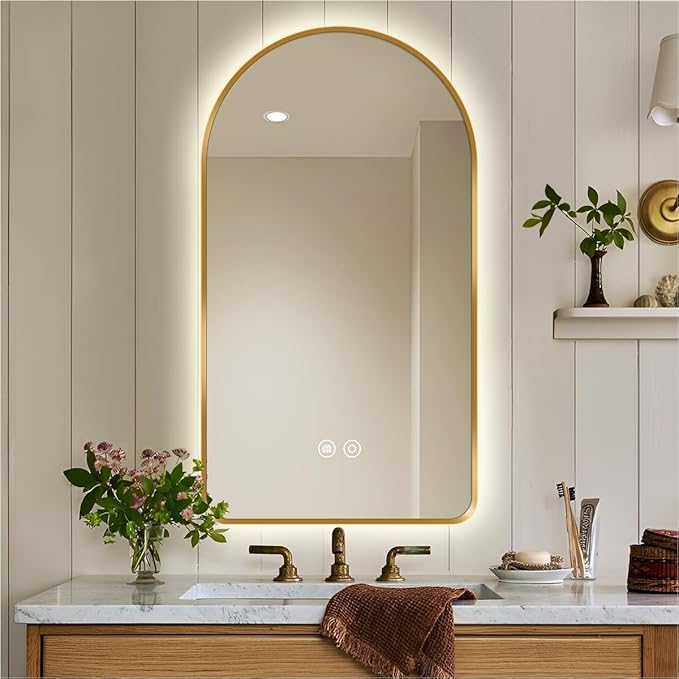 40 x 24 Arched LED Bathroom Mirror, Brushed Gold Framed, Backlit Vanity Mirror with Lights, Wall Mounted Lighted Mirror, Dimmable 3-Color Shatter-Proof Arch Smart Mirror, UL-Listed, CRI≥93