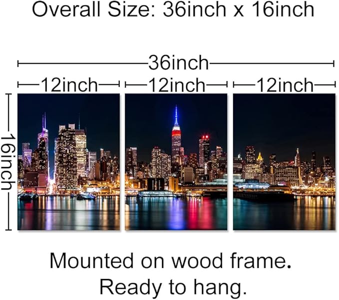 Biuteawal New York City Canvas Wall Art Manhattan Skyline Night View Picture Painting Modern Giclee Canvas Prints Home Office Living Room Wall Decoration