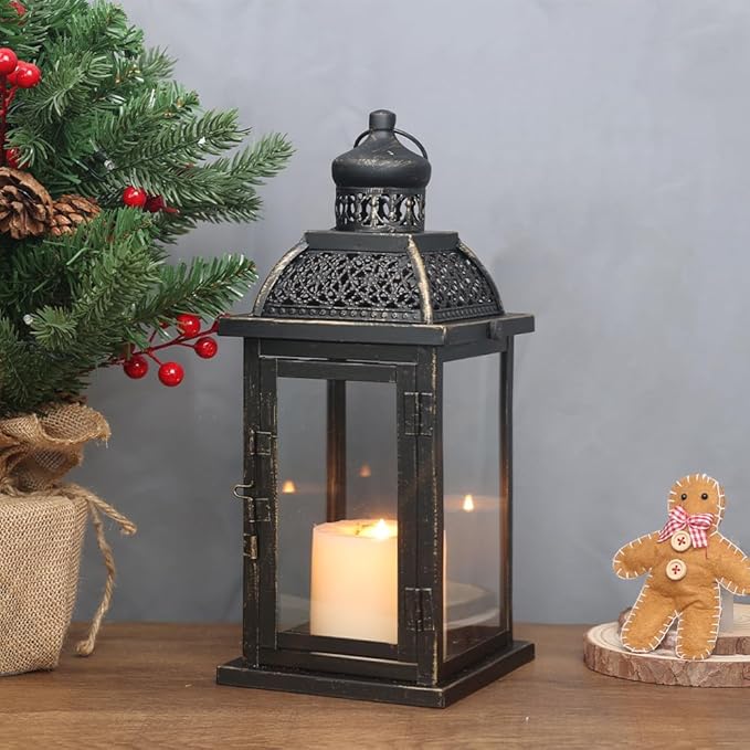 NEEDOMO Large Candle Lanterns Decorative Indoor, 14.4" Outdoor Lantern with Clear Glass, Vintage Metal Candle Holders in Black, Patio Wedding Home Kitchen Coffee Table Livinig Room Decor