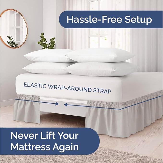 Wrap Around Dust Ruffle Bed Skirt - Light Grey - for Full Size Beds with 18 Inch Drop - Elastic Strap - Adjustable Pleated Bedskirt with Brushed Fabric and Wrinkle Free - for Women, Men, Kids & Teens