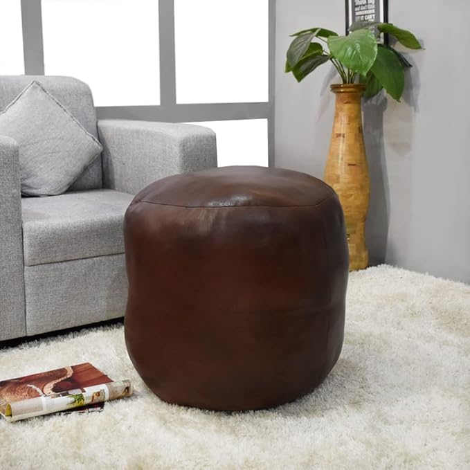 Round Shaped Goat Leather Handmade Eco-Friendly Brown Pouf - 18" x 18" x 18", Plain Solid, Recycled Cotton Filled Stuffed Leather Seating PF12