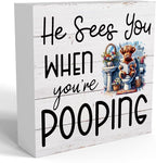 Funny Highland Cow Decor Memorial Day Fourth of July Independence Day Decorations Red White and Blue Decor, Rustic Farmhouse Home Office Wooden Box Sign for Bathroom - He Sees You When You're Pooping