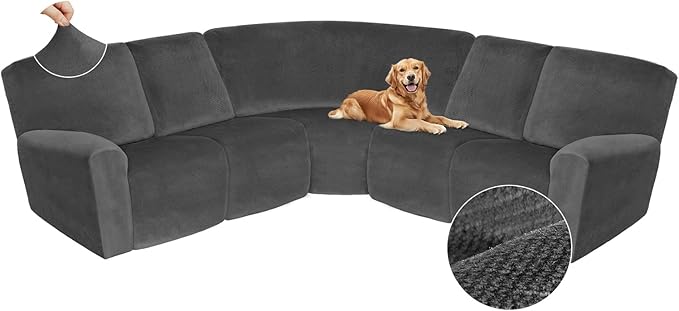 Arfntevss Sectional Recliner Couch Covers Velvet Corner Sectional Sofa Cover for Reclining Stretch Soft L Shape Recliner Slipcover Thick U Shaped Washable Protector (5 Seat Cover, Charcoal Gray)