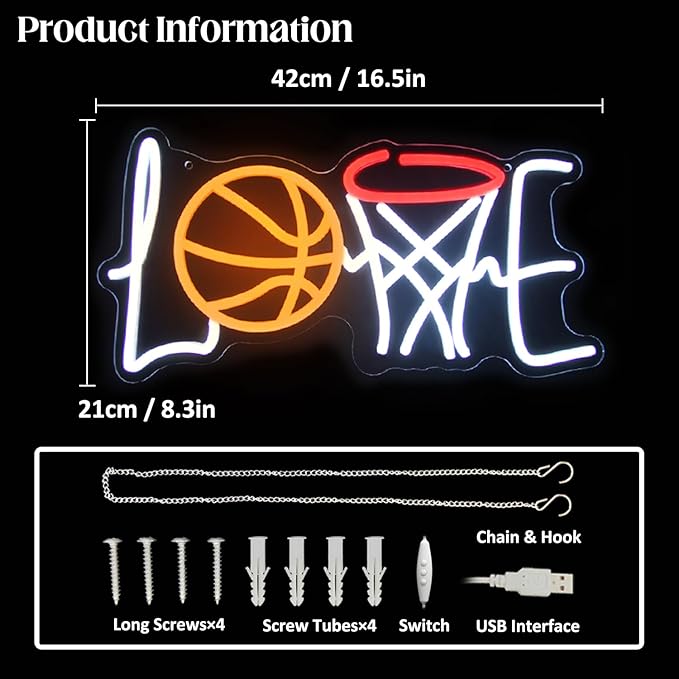 Love Basketball Neon Sign Dimmable Basketball Hoop Neon Lights for Bedroom Sport LED Neon Light Up Signs for Man Cave Game Room Birthday Party Decor Gifts for Boys USB Powered