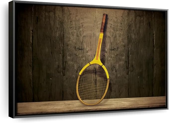 ElephantStock Vintage Tennis Racket Wall Art - Horizontal Framed Canvas - 1-Piece Living Room Wall Decor - Photography Sports Canvas Print - Brown and Black Decor for Wall - 37" X 25"