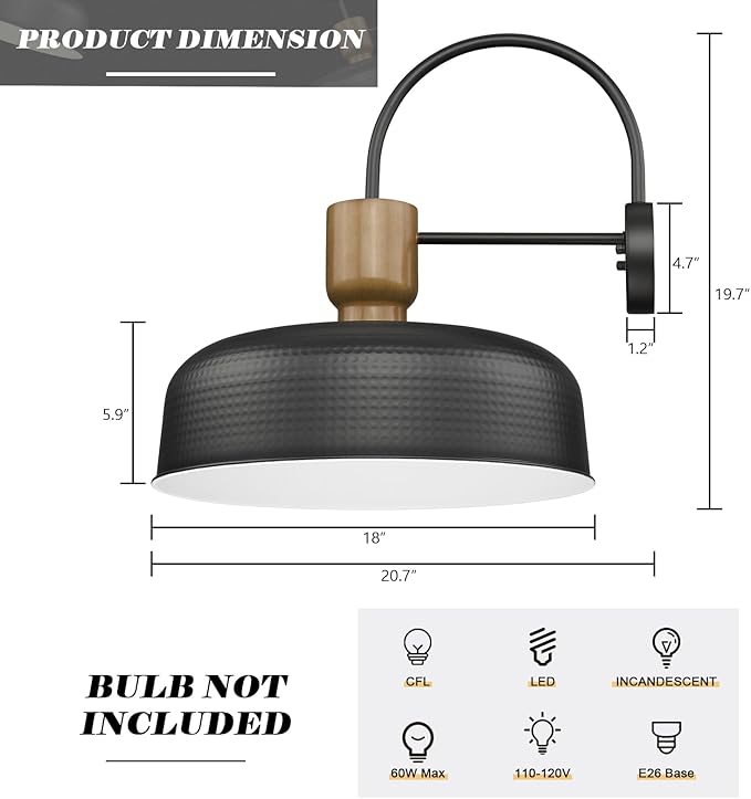 Outdoor Barn Light Gooseneck Barn Light, Farmhouse Exterior Wall Mount Light Vintage Wall Lighting Fixture Industrial Sconce Lantern for Porch, Entryway, Garage, Black, 2 Pack, Large