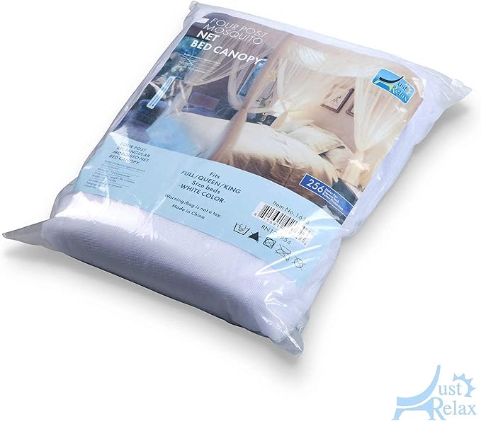 Just Relax Four Corner Post Decorative Elegant Bed Net Canopy Set, White, Full/Queen/King, 86.6x78.7x98.4 Inches