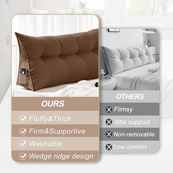 Large Triangular Headboard Pillows Long Backrest Positioning Support Bolster Cushion for Daybed Fluffy Quality Plush Body Wedge Pillow with Removable Cover(Dark brown-Queen-59x8x20in)