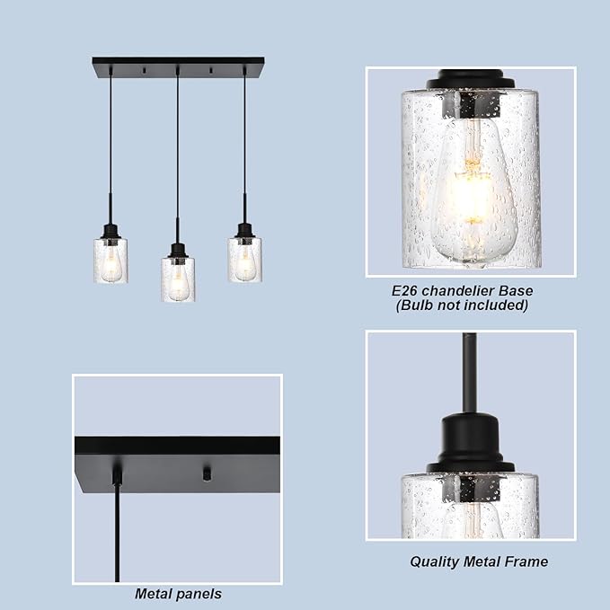 Modern 3-Light Pendant Island Light Fixture Black Ceiling Hanging Lights with Clear Seeded Glass and Adjustable Cord,Industrial Pendant Lighting for Kitchen Living Room Dining Room Foyer