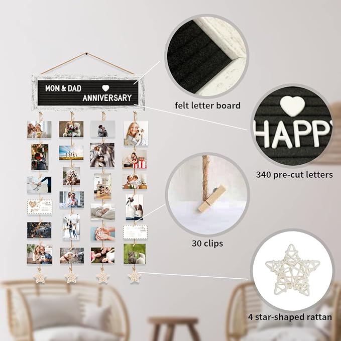 Picture Frames Collage Wall Decor Photo Frames Collage for Wall Decor, Rustic Felt Letter Board with 340 Letters and 30 Clips, Unique DIY Picture Frame Photo Organizer, Gifts for Teen Girls