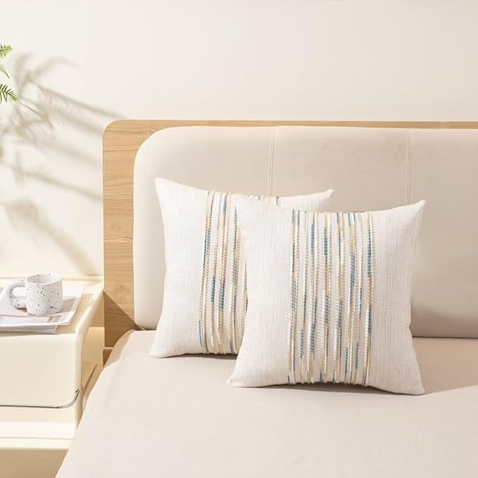 Boho Throw Pillow Covers 18x18 Set of 2 Farmhouse Decorative Cushion Case Striped Square Pillows Cover Chenille Pillow Cases Accent Neutral Pillowcase for Sofa Couch Bed,Yellow-Blue