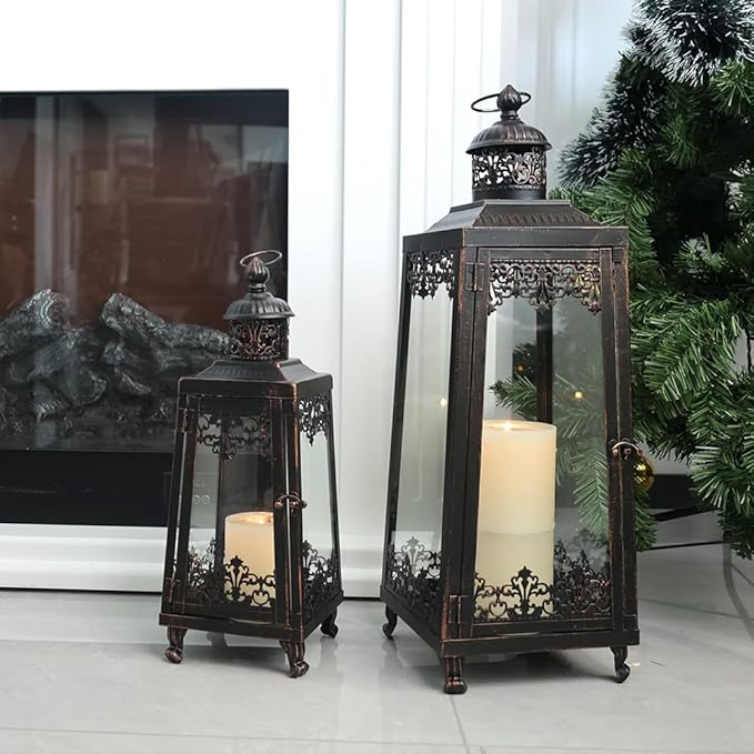 NEEDOMO Lanterns Decorative Outdoor & Indoor, Set of 2 Outdoor Lanterns for Porch,Large Candle Lantern, Bronze Metal Frame with Glass for Fall, Christmas